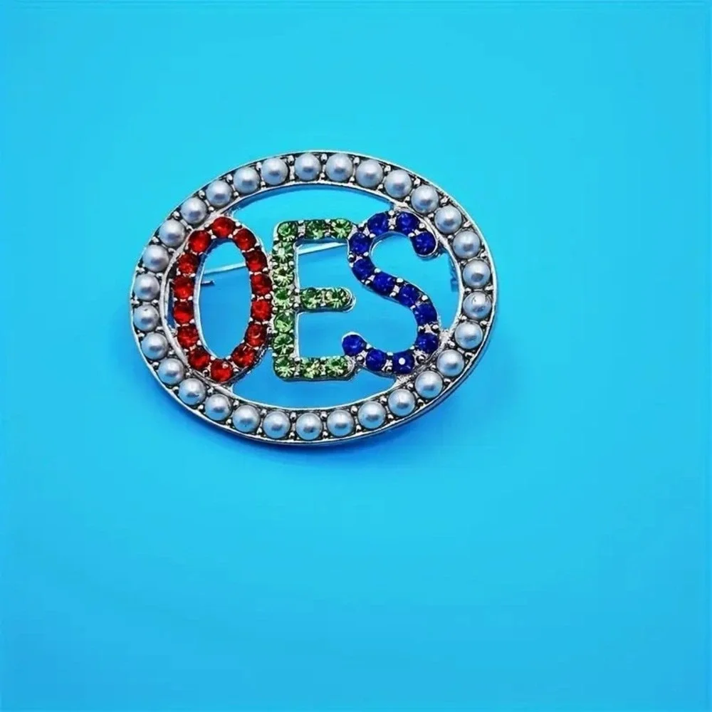 OES Eastern Star Brooch Pin‎ with White Pearls and Multicolored Rhinestones